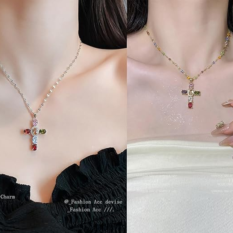 ✨Bunte Halskette mit Strass-Kreuzanhänger