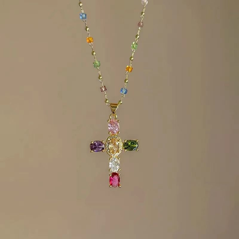 ✨Bunte Halskette mit Strass-Kreuzanhänger