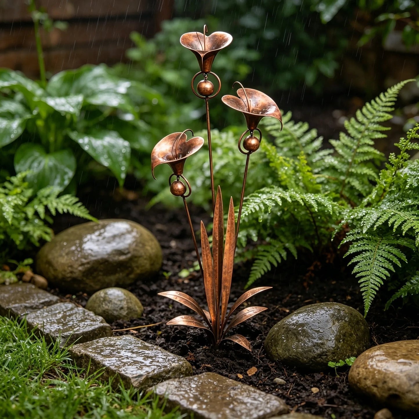 Gartenstecker „Drei Calla-Lilien“ aus geflammtem Kupfer mit Glöckchen