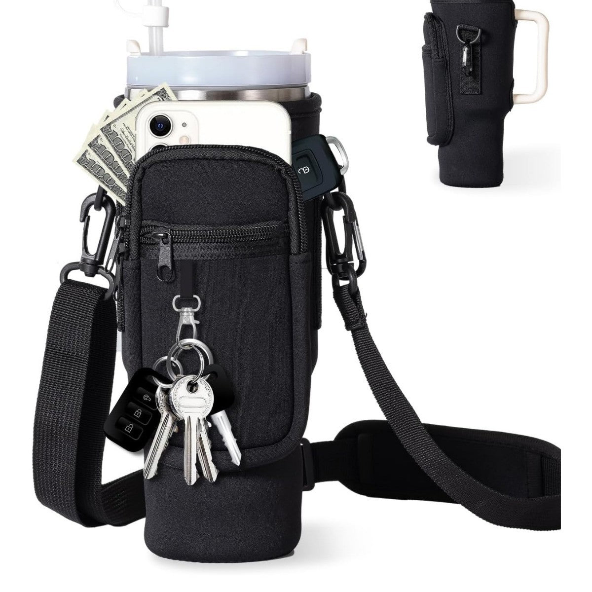Verstellbare Umhängetasche mit Thermosbecherhalter für
