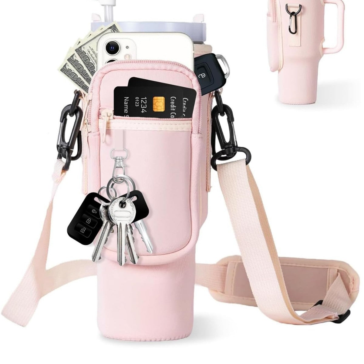 Verstellbare Umhängetasche mit Thermosbecherhalter für