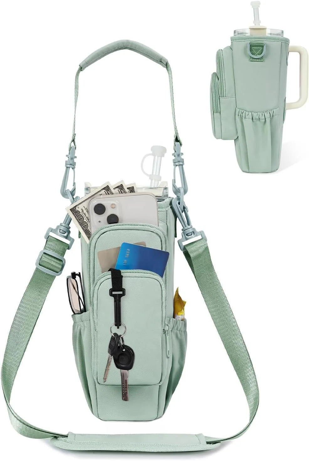Verstellbare Umhängetasche mit Thermosbecherhalter für