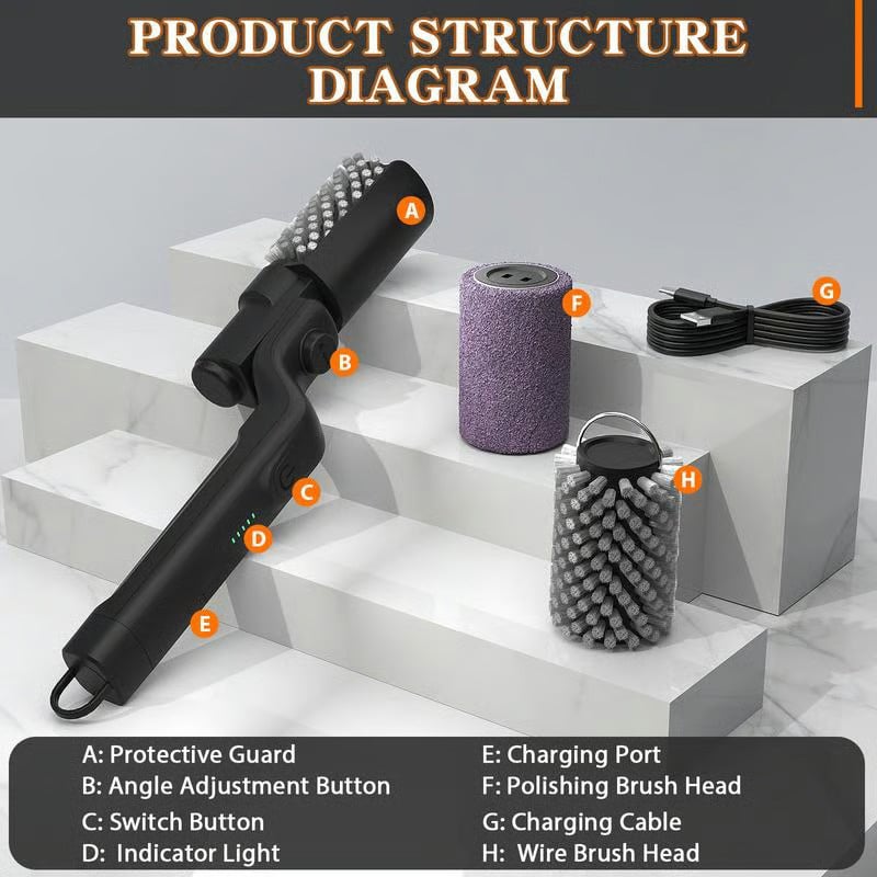 (Kostenloser Versand）🔥Elektrische Grillbürste, kabellos und wiederaufladbar, Edelstahlbürste, zwei Reinigungsbürsten, einstellbarer Winkel