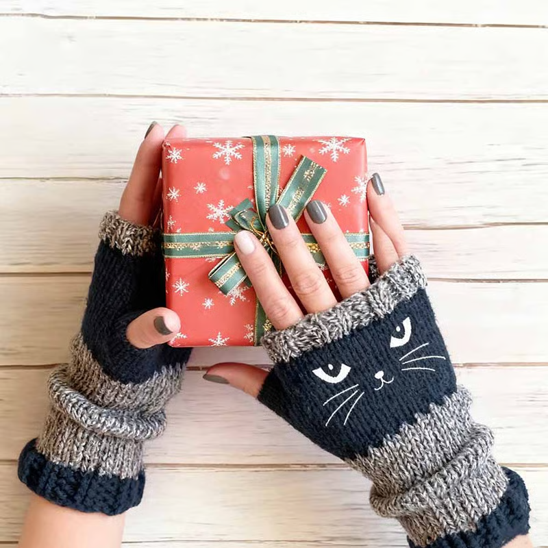 🐱 Niedliche Strickhandschuhe für Damen mit Katzenmotiv – für warme Hände und freie Finger🧶