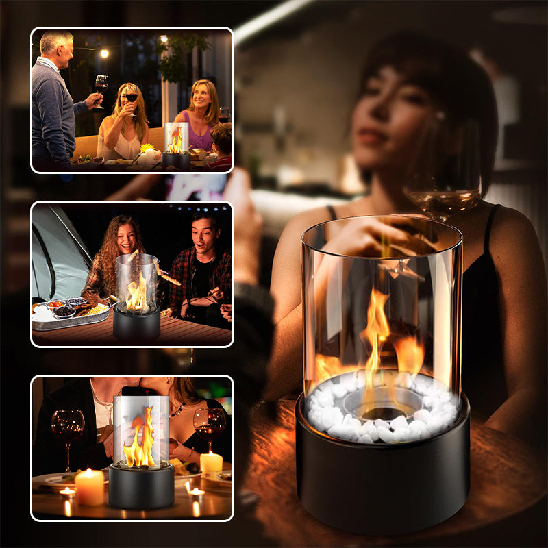🏠 Tischkamin aus Glas & Metall – Tragbar, Rauchfrei für Drinnen & Draußen, Mit Ethanol-Brenner & Gemütliches Deko-Akzent Für Ihr Zuhause ✨