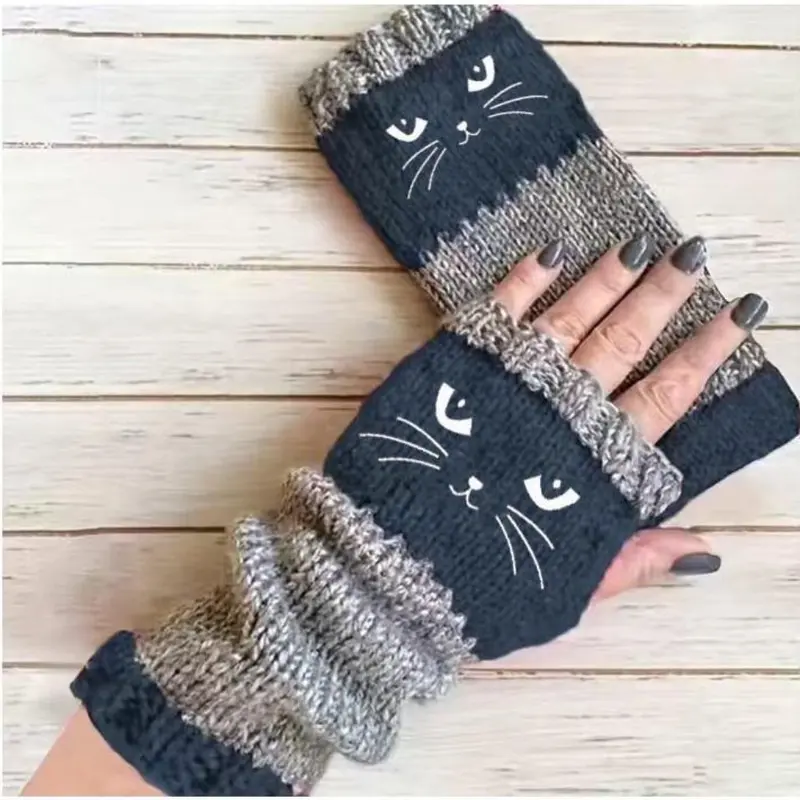 🐱 Niedliche Strickhandschuhe für Damen mit Katzenmotiv – für warme Hände und freie Finger🧶