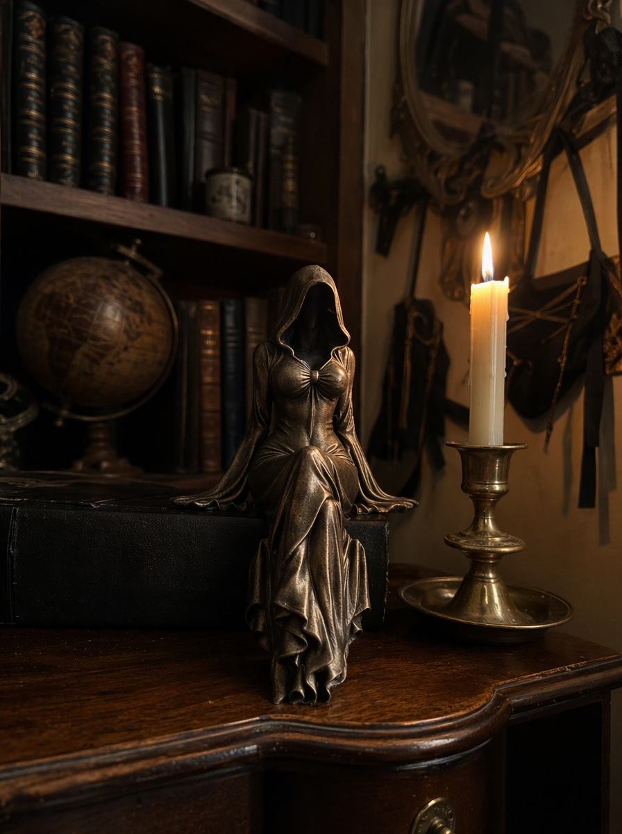 Lady Reaper – Ätherische Skulptur einer Gestalt mit Kapuze