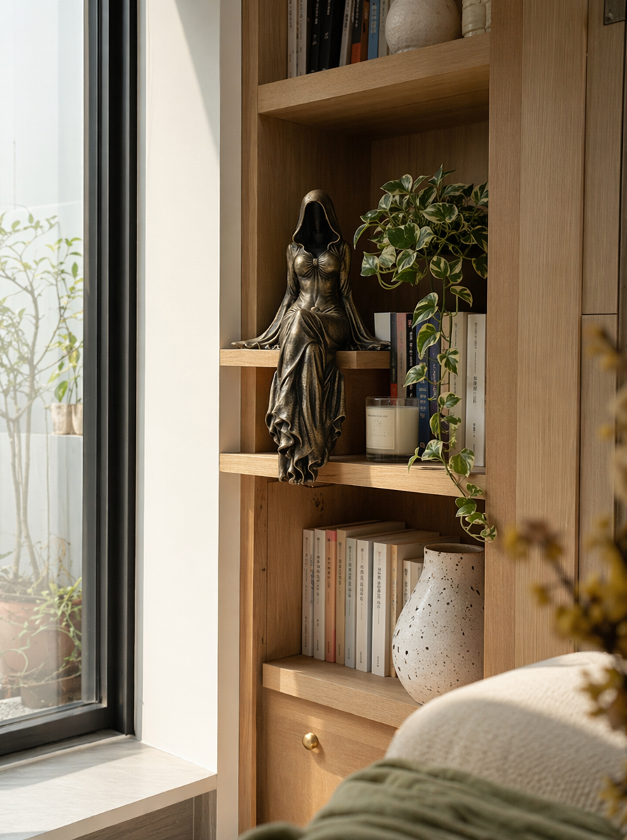 Lady Reaper – Ätherische Skulptur einer Gestalt mit Kapuze
