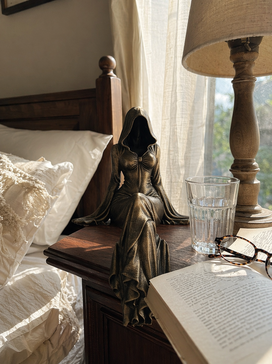 Lady Reaper – Ätherische Skulptur einer Gestalt mit Kapuze