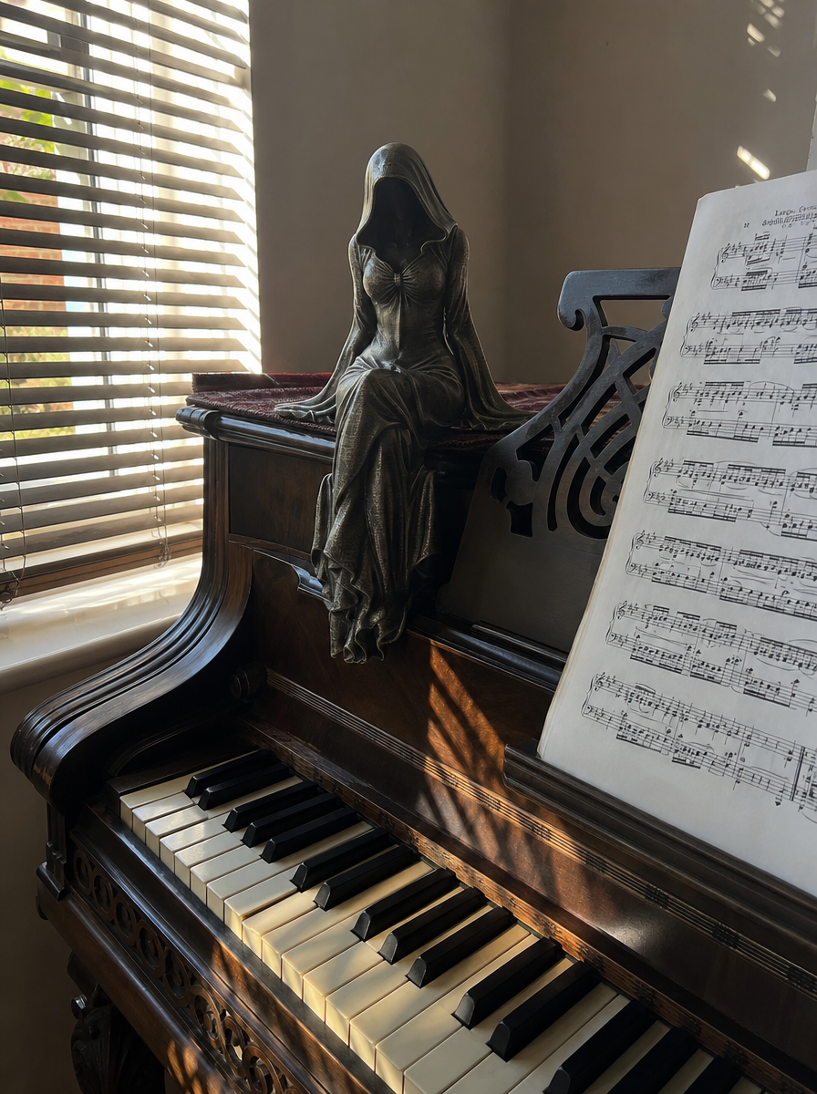 Lady Reaper – Ätherische Skulptur einer Gestalt mit Kapuze