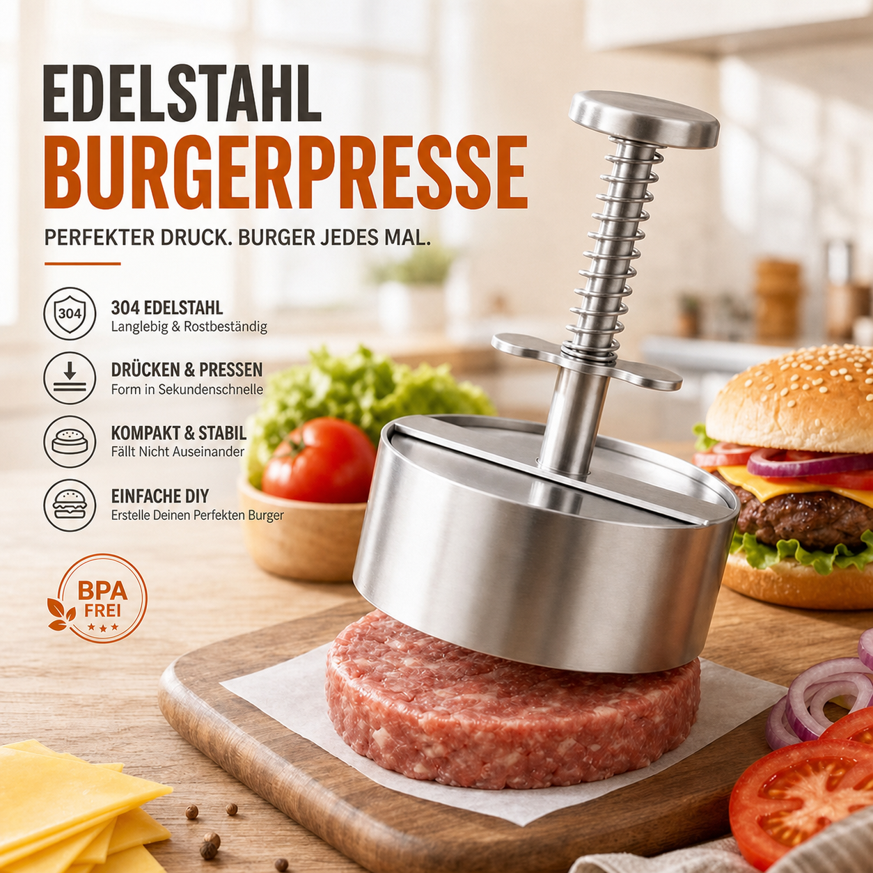 🍔 Burgerpresse aus Edelstahl | So gelingen Ihnen ganz einfach perfekte, gleichmäßige Burger-Patties