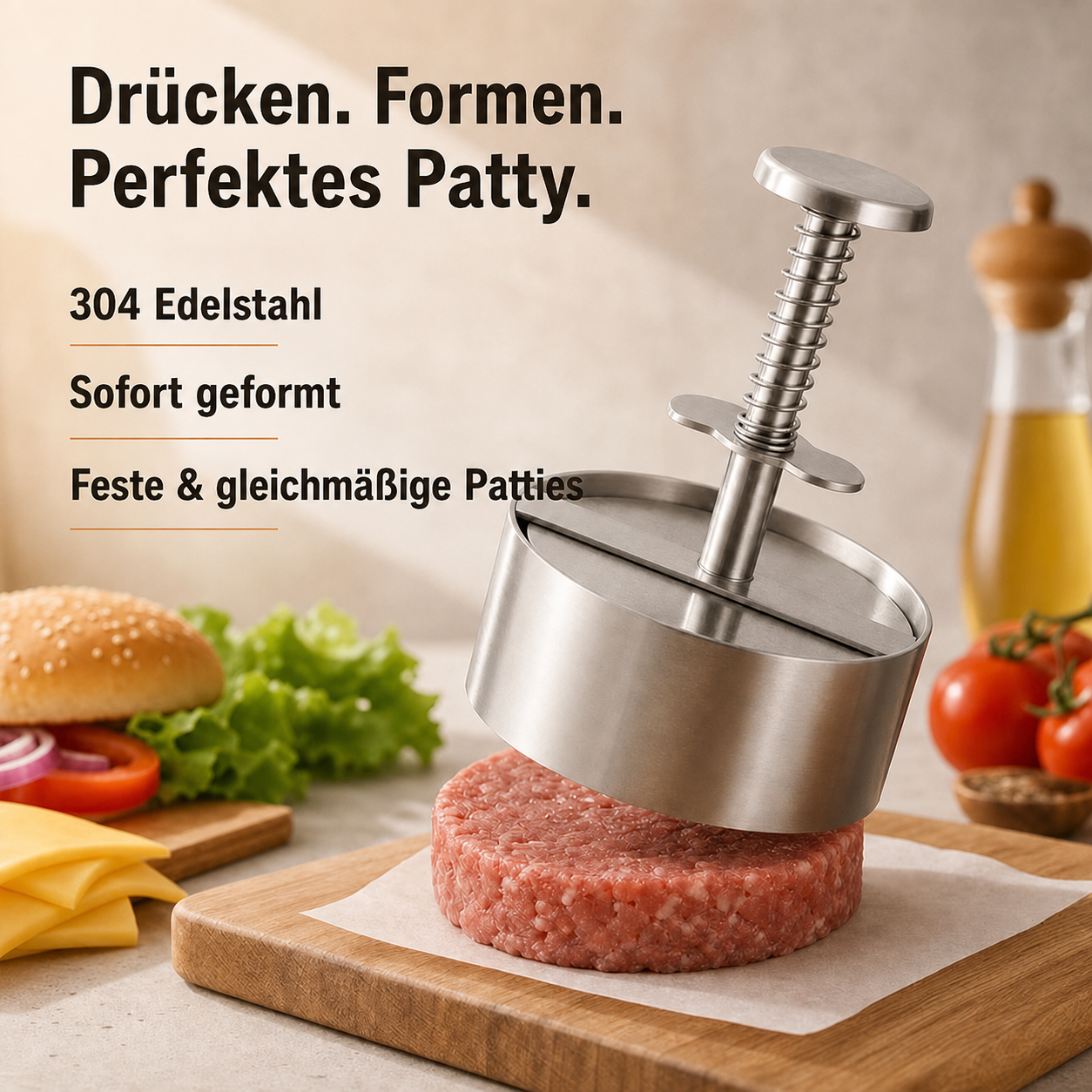 🍔 Burgerpresse aus Edelstahl | So gelingen Ihnen ganz einfach perfekte, gleichmäßige Burger-Patties