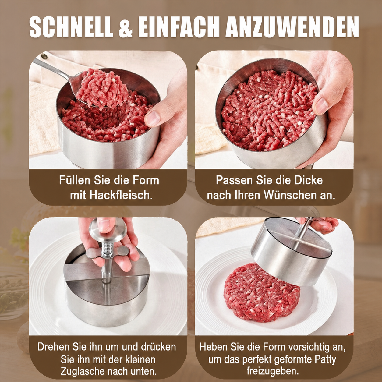 🍔 Burgerpresse aus Edelstahl | So gelingen Ihnen ganz einfach perfekte, gleichmäßige Burger-Patties
