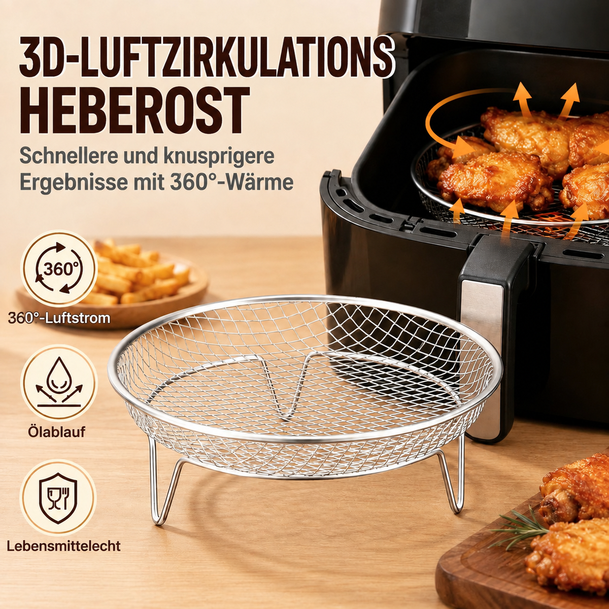 🔥 Edelstahl-Heißluftfritteusenrost mit erhöhtem Ölauffangkorb und mehrstufigem Grillrost aus Drahtgeflecht