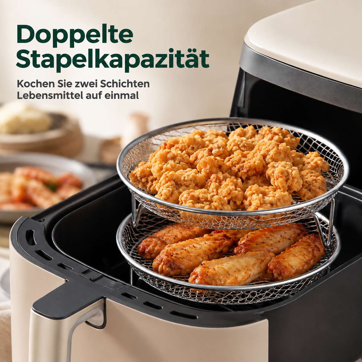 🔥 Edelstahl-Heißluftfritteusenrost mit erhöhtem Ölauffangkorb und mehrstufigem Grillrost aus Drahtgeflecht