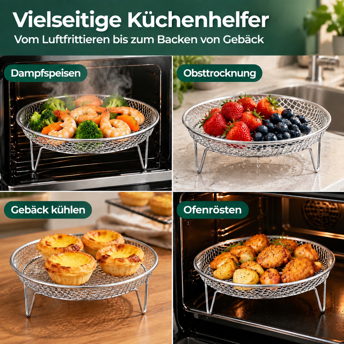 🔥 Edelstahl-Heißluftfritteusenrost mit erhöhtem Ölauffangkorb und mehrstufigem Grillrost aus Drahtgeflecht