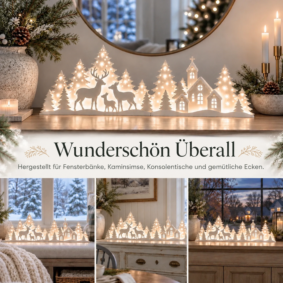 🦌❄️ Leuchtende Weihnachtsdeko fürs Fenster – Rentier & Dorf | 2-teiliges LED-Set ✨