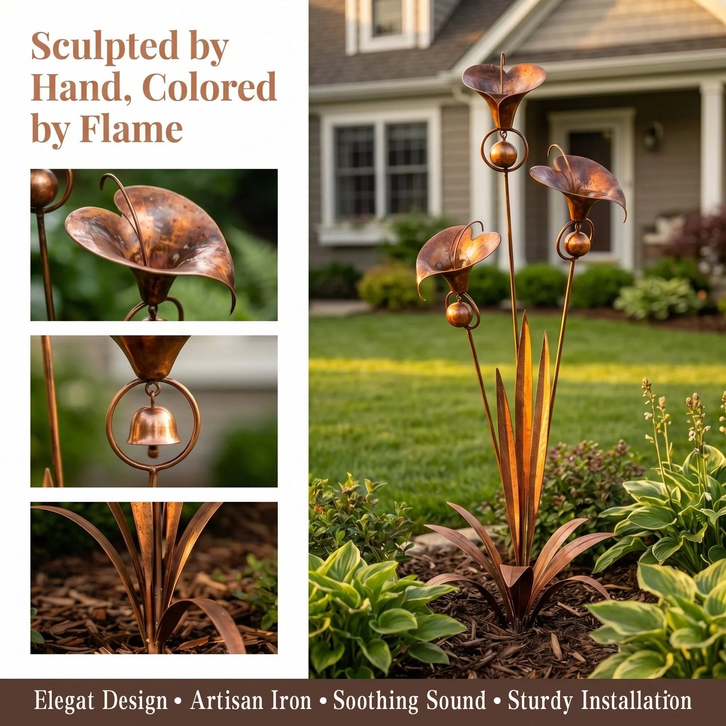 Gartenstecker „Drei Calla-Lilien“ aus geflammtem Kupfer mit Glöckchen
