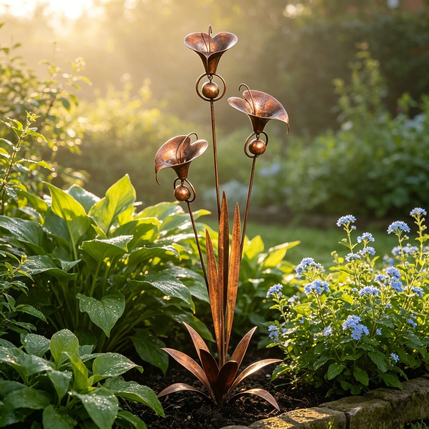 Gartenstecker „Drei Calla-Lilien“ aus geflammtem Kupfer mit Glöckchen