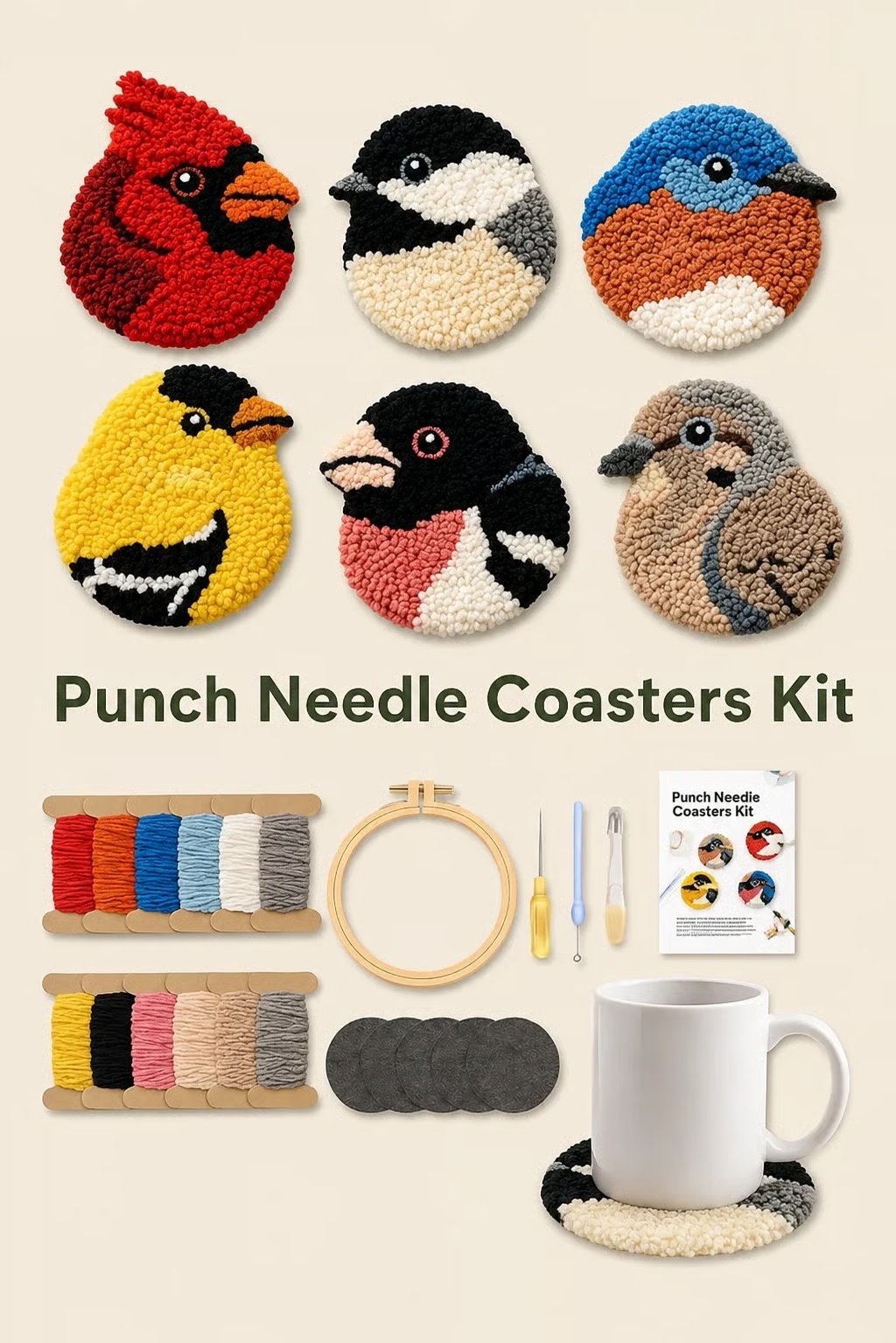 🧵🐦Bastelset für Vogel-Untersetzer mit Punch-Needle-Technik