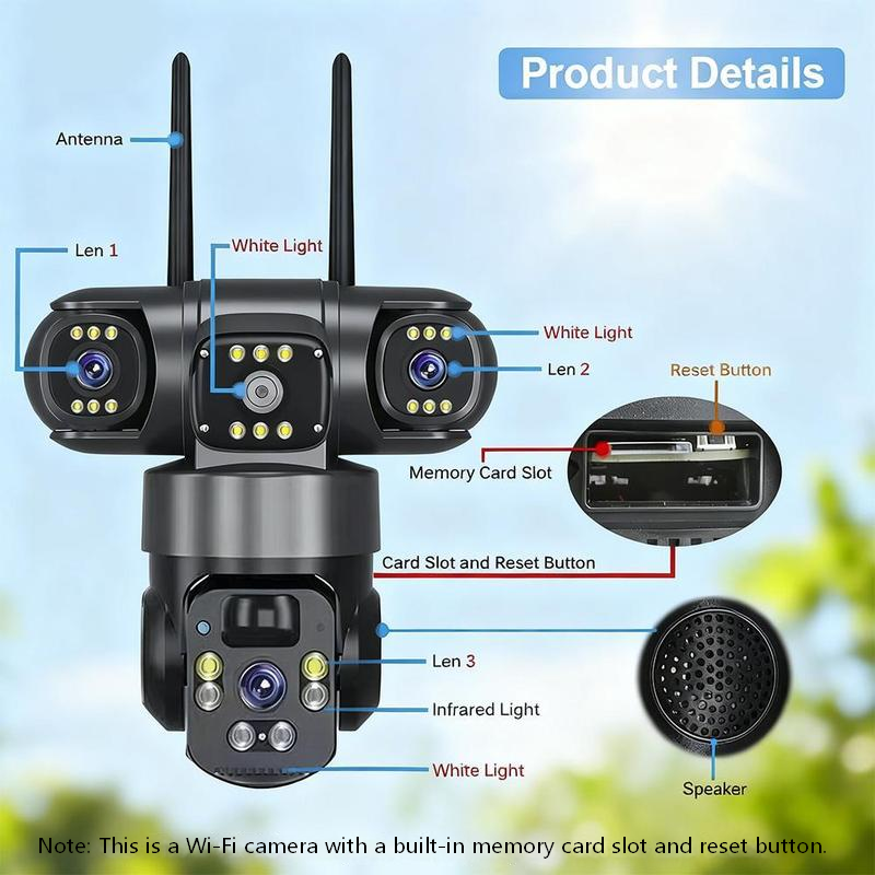￼6K-9-MP-WLAN-Überwachungskamera für den Außenbereich | 10-facher Zoom, 3 Objektive, 360°-PTZ | Wasserdicht nach IP66, Farb-Nachtsicht, Zwei-Wege-Audio, Bewegungserkennung