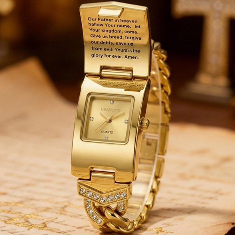 Wasserdichte goldene Armbanduhr mit Kreuz-Klappdeckel-Design