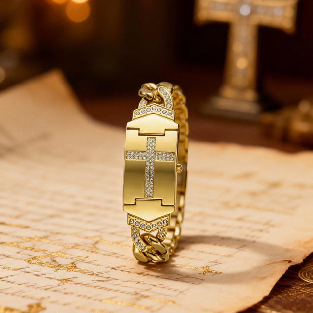 Wasserdichte goldene Armbanduhr mit Kreuz-Klappdeckel-Design