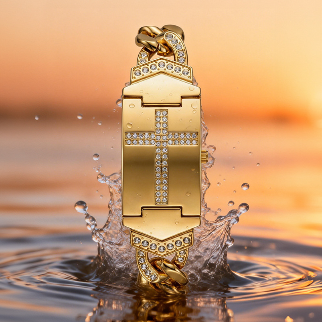 Wasserdichte goldene Armbanduhr mit Kreuz-Klappdeckel-Design