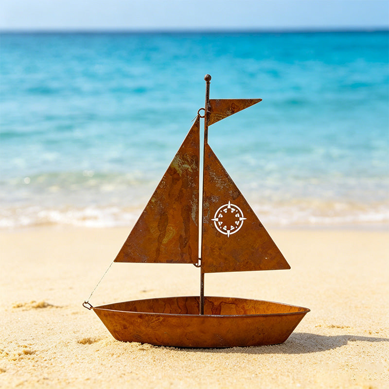 ⛵🌱 Rustikaler Segelboot-Blumenkübel aus Metall – handgefertigt, witterungsbeständig und ideal für Sukkulenten, Kräuter oder Blumen – eine bezaubernde Dekoration für den Garten oder das Regal 🏡