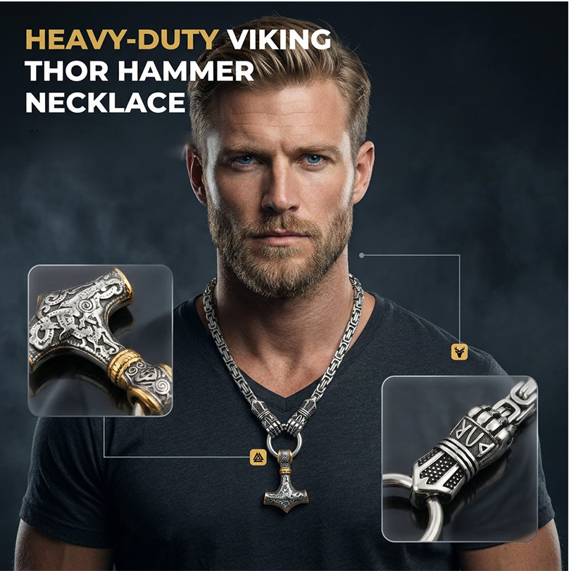 ⚡Viking-Thor-Hammer-Anhänger-Halskette🔨 – Edelstahl mit byzantinischer Kette – Markant und strapazierfähig – perfekt für den Alltag oder als Geschenk ✨💪