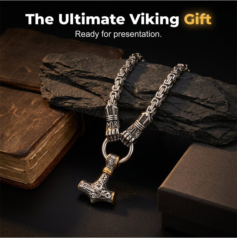 ⚡Viking-Thor-Hammer-Anhänger-Halskette🔨 – Edelstahl mit byzantinischer Kette – Markant und strapazierfähig – perfekt für den Alltag oder als Geschenk ✨💪